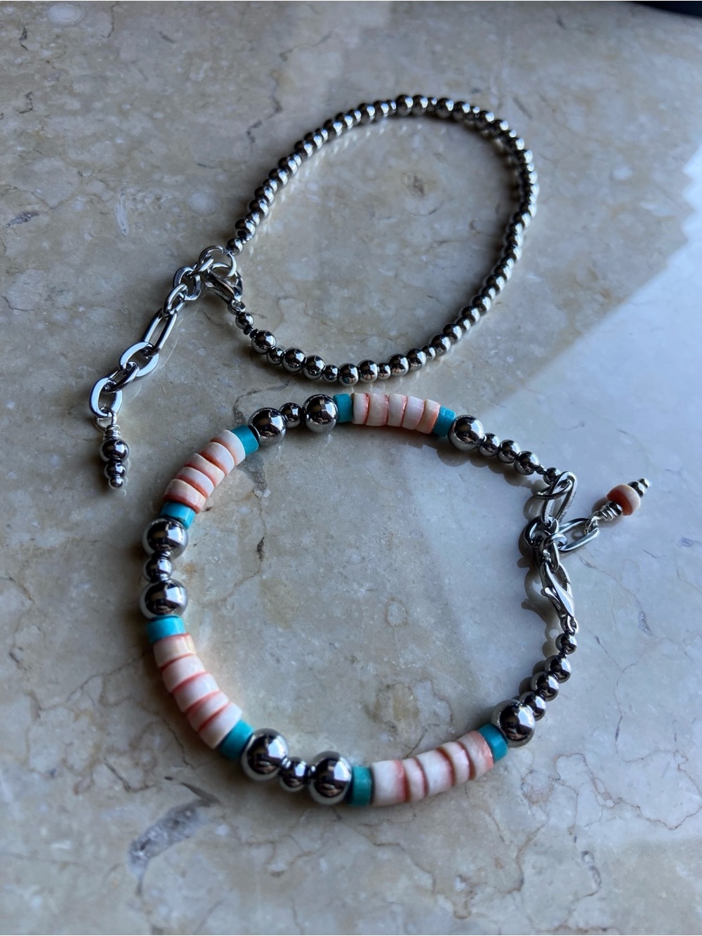 Pink Shell and Turquoise & Stainless Steel Bracelet Set - Navajo Pearl Style